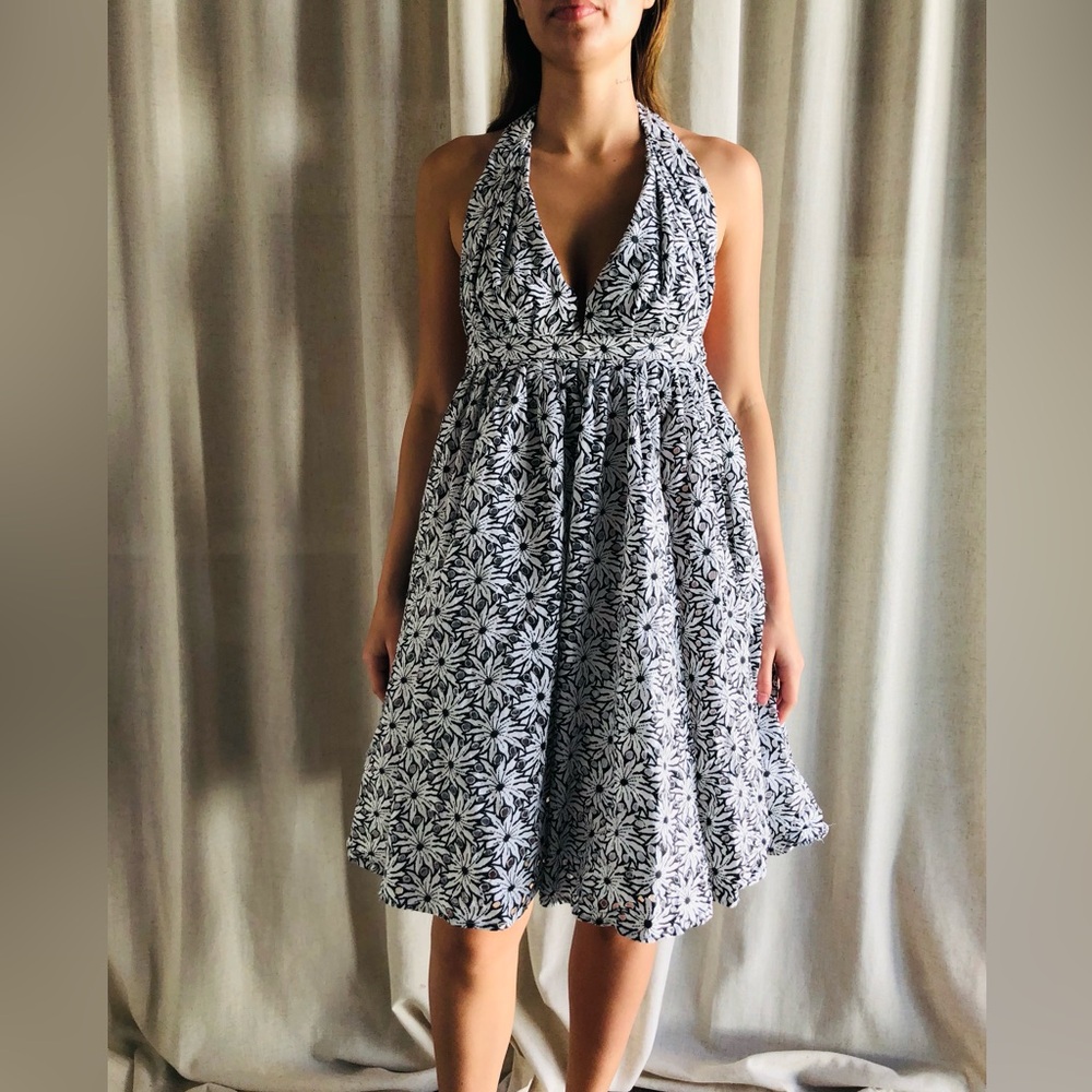 Jean Paul Gaultier Black & White Haulter Floral Dress with Tulle Under Skirt